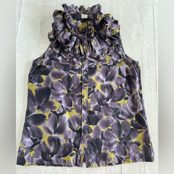 J Crew 100% Silk Women’s Floral Ruffle Neck Button Down Sleeveless Top size 4 - Picture 4 of 7